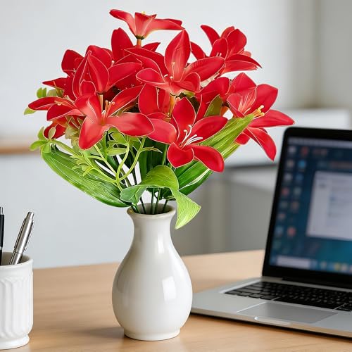 5PCS Rose Red Artificial Lilies Fake Lily Flowers, 18 Heads Bouquet Home Decor Easter Spring Wedding Centerpieces Indoor Outdoor Faux Floral Arrangements, Mother's Day Valentine's Day Gift
