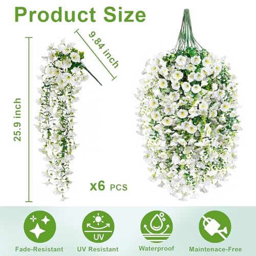 Artificial Flowers for Outdoors, 6-Pack 420 Blooms UV Resistant Hanging Morning Glory Silk Flowers Vines, Realistic Fake Plants Outside Decroation for Porch Patio Balcony Yard Garden (White) - color: White