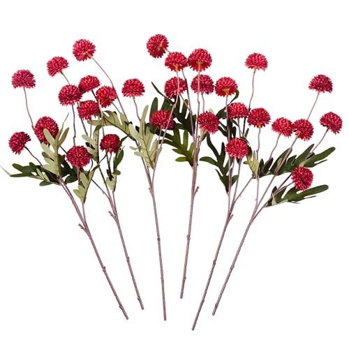 SITUMEIZI Red Faux Silk Pompon Mum Artificial Red Flowers Fake Mini Chrysanthemum Flowers Mums 6Pcs for Christmas Home Party Wedding Decorations - color: Red