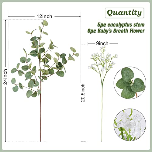 Beferr 5pcs Eucalyptus Stems & 6pcs Babys Breath Artificial Flowers Faux Greenery Bouquets for Wedding Table Centerpiece Home Decor - color: Eucalyptus With Baby's Breath