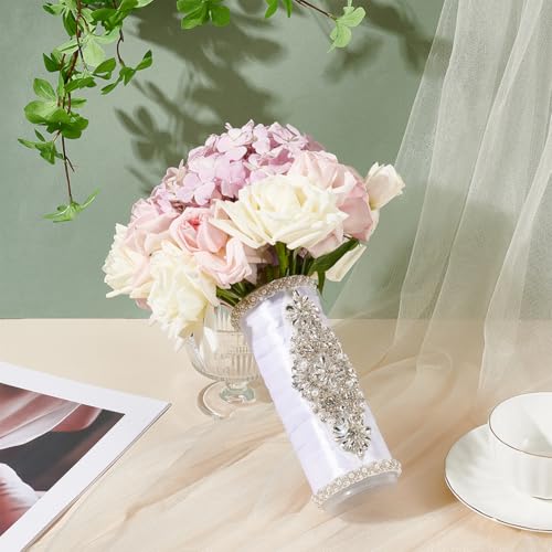 BENECREAT Bouquet Holder, 2 Inch Champagne Royal Satin Wedding Bridal Bouquet Handle Set with Rhinestones, Fresh Flower Artificial Flower Bouquet Holder, Cylinder Bouquet Decor