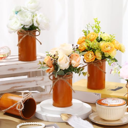 Rustic Vase for Table Centerpieces 4.33 Inch Small Petite Flower Vase with Twine Bow Vintage Farmhouse Decor for Wedding Reception Dining, Home Galvanized Metal Buckets(Dark Amber,12 Pcs) - color: Dark Amber