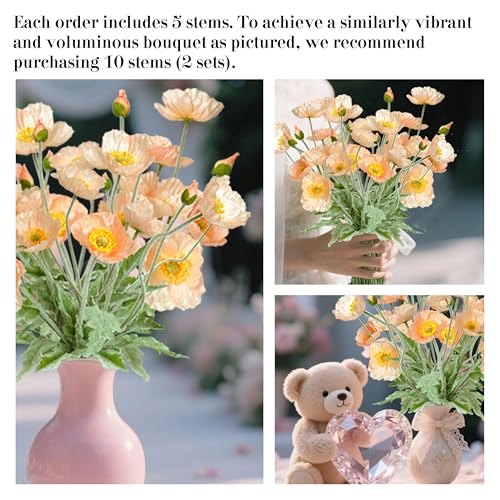 Artificial Poppy Flowers, 5 Bundles Faux Poppies with Stems for Floral Arrangements - Wedding, Home, Office, Party Table Centerpiece Decor (Light Peach) - color: Light Peach
