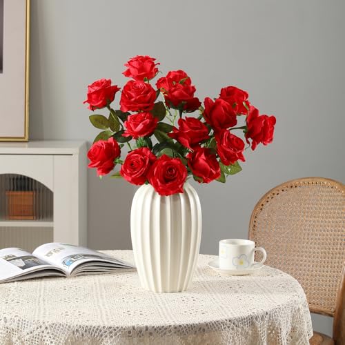 Tifuly 12 Pcs Red Roses Artificial Flowers,Realistic Long Stem Fake Silk Roses Bouquet for Party Home Wedding Centerpiece Office Decor - color: Red