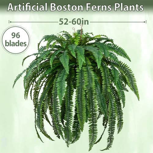 Waipfaru 60'' Large Fake Ferns, UV Resistant Artificial Outdoor Plants, Faux Greenery Plants, Realistic Boston Ferns with 96 Fronds for Front Porch Home Garden Patio Forest Decor