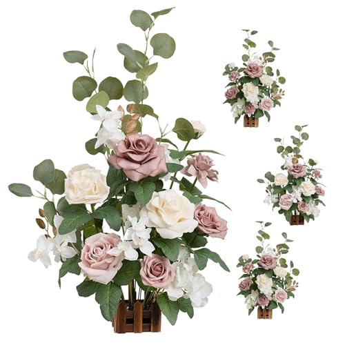 Ling's moment 17.5" Tall Standing Artificial Flowers Arrangements 4 pcs Wedding Aisle Runner Chair Decorations Dusty Rose Cream for Centerpieces Ceremony Reception Rose Floral Party Outdoor - color: Pk-dusty Rose & Cream