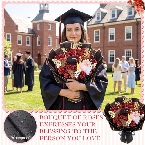 48 Pcs Red Glitter Rose Bouquet DIY Kit, Graduation Gifts for Her Class of 2026, Sparkly Artificial Flowers with Crown 3D Butterflies and Cards, Class of 2026 Senior Graduation Bouquet