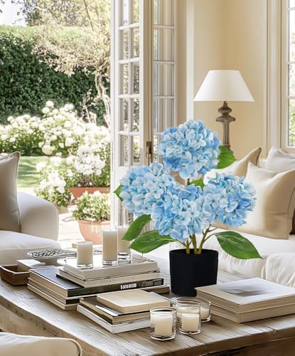 Hollyone Light Blue Hydrangea Artificial Flowers in Pots 19.7" Four-Head Faux Silk Hydranges Flower Arrangements for Indoor Home Office Kitchen Table Centerpieces Wedding Decorations - color: Light Blue, size: 4 Head Hydrangea