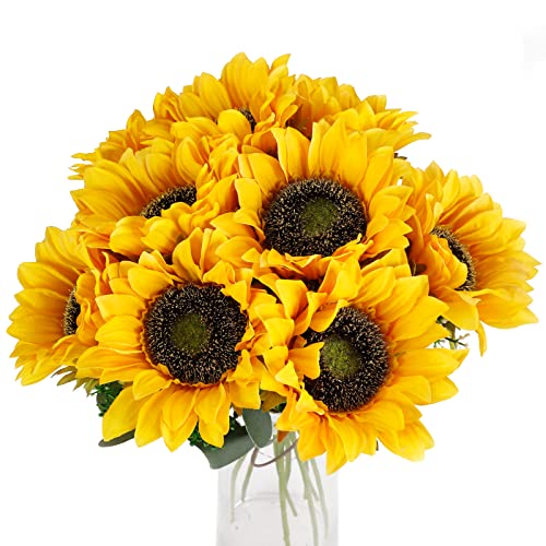 CEWOR 10pcs Sunflowers Artificial Flowers with Long Stem Fake Sunflowers Bulk Fall Decoration for Wedding Home Birthday Party Outdoor Indoor Decor - color: Sunflowers-2