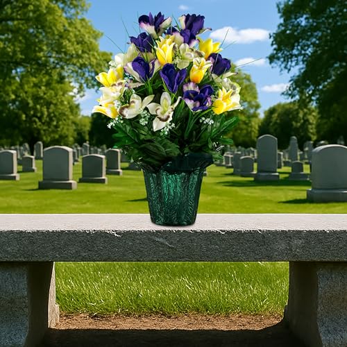 Sympathy Silks Artificial Cemetery Flowers - Grave Decoration - Yellow Tulips and Purple Iris (1) Potted Arrangement - color: Yellow/Purple, size: (1) Pot
