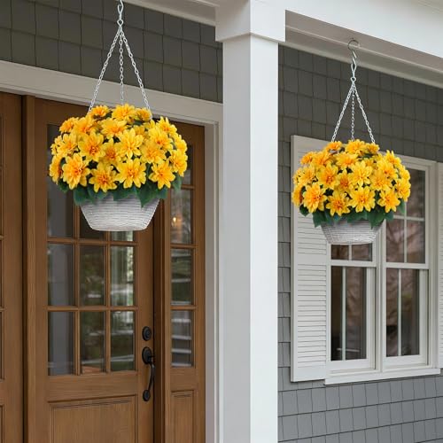 VIERENA 8 Bundles Artificial Dahlia Flowers for Outdoors Spring Summer Decor, No Fade Silk Flower Faux Dahlias Plant Arrangement for Home Garden Balcony Farmhouse（Yellow） - color: Yellow
