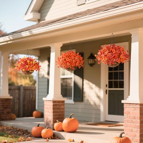 INQCMY Artificial Fall Flowers for Outdoor, 12 Bundles Faux Pansy Fake Mums Flowers Plants Outdoor Fall Decor, UV Resistant No Fade Silk Flower for Porch Planter Patio Yard Garden(Orange Autumn Red) - color: Orange Autumn Red