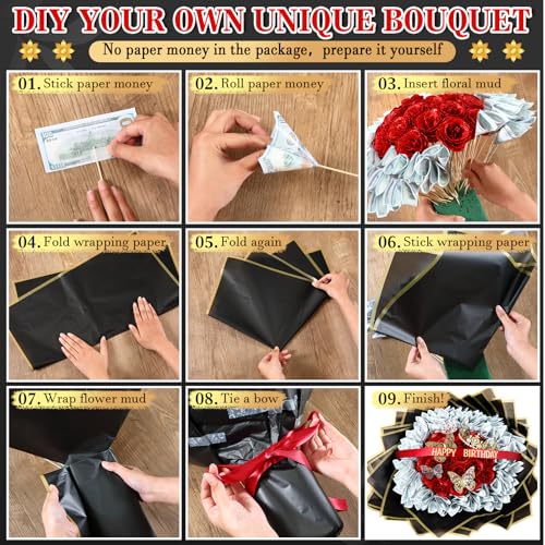 Maysing Money Bouquet Kit 12 Pcs Glitter Roses 20 Sheet Flower Wrapping Paper DIY Flower Bouquet Floral Foam Blocks Sticker for Anniversary Birthday Mother's Day Graduation(Red with Gold Trim) - color: Red with Gold Trim