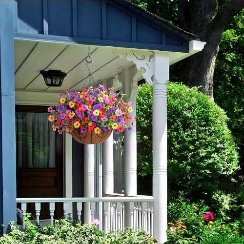 Ammyoo Artificial Faux Hanging Plants Flowers Basket for Spring Outdoor Decoration, Fake Silk Daisy UV Resistant Look Real with Eucalyptus Leaves Summer Outside Decor for Home Patio Garden - color: Purple Deep Purple Red Yellow