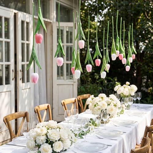 12 Pack 3 Colors 5 ft Artificial Tulips Hanging Flower Garland Decorations Spring Summer Dangling Faux Tulip Floral Vine Strings with Hooks for Wall Ceiling Wedding Tea Party - color: Multi Color