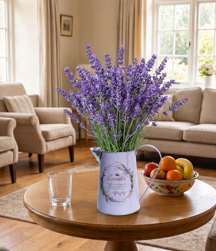 Yoillione White Metal Flower Vase with Lavender Floral Pattern, French Country Jug Pitcher Vase with Handle for Farmhouse Home Decor, Gifts for Women Girls - color: Lavender, size: Small