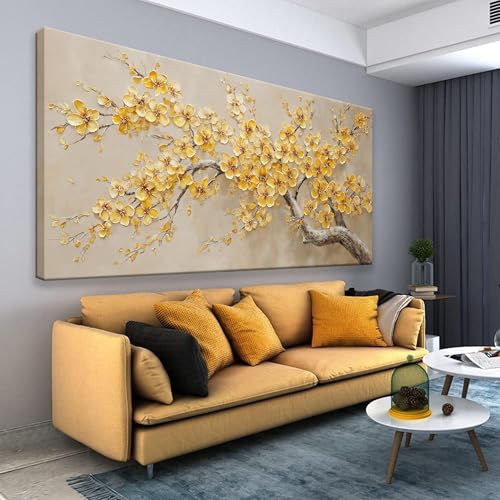 Modern Tree Of Life Wall Art Canvas Prints Ready To Hang Home Wall Decor Golden Yellow Flowers Wall Art Decorations For Living Room Kitchen Bedroom Office Decor 24x48 Inch - color: Yellow, size: 48"L x 24"W