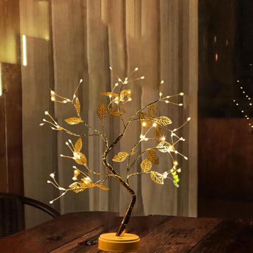 Artificial Mini Christmas Tree Light up Tabletop Bonsai Tree Light with 72 LED ，Artificial Twinkling Tree Lamp Table Decoration Light for Tabletop Fairy Light Spirit Tree Christmas Decorations - style: Golden Leaf Artificial Tree Lamp