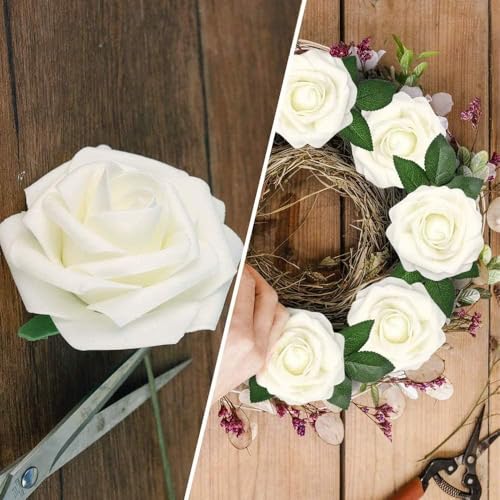 Higfra Artificial Flowers 50 Stems Realistic Roses - Lifelike Fake Flowers for Wedding Bouquets, Baby Shower Decor, Home Centerpieces, DIY Floral Arrangements (Cream, 50Pcs) - color: Cream, size: 50Pcs