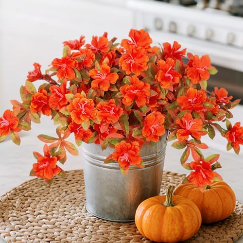 Fall Flowers Artificial for Decoration, Fake Silk Rhododendron Flowers for Outdoors, 2 Bundles Faux Azalea Outside UV Resistant No Fade Floral for Home Garden Balcony Walkway Wedding Party Decor - color: Y-orange