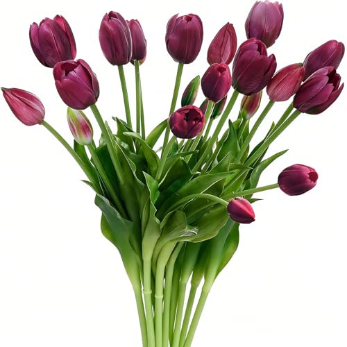 15 Pcs Purple Tulips Artificial Flowers Faux Tulips Real Touch Latex Fake Flower Bouquet for Spring Wedding Home Décor Centerpiece Arrangements - color: Purple