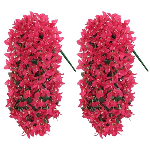 2PCS Faux Bougainvillea UV Resistant Artificial Flowers Plants for Outdoors Faux Hanging Bougainvillea Flowers Outside Decoration Fake Silk Long Trailing Vines for Front Door Porch Patio (Rose red) - color: Rose Red