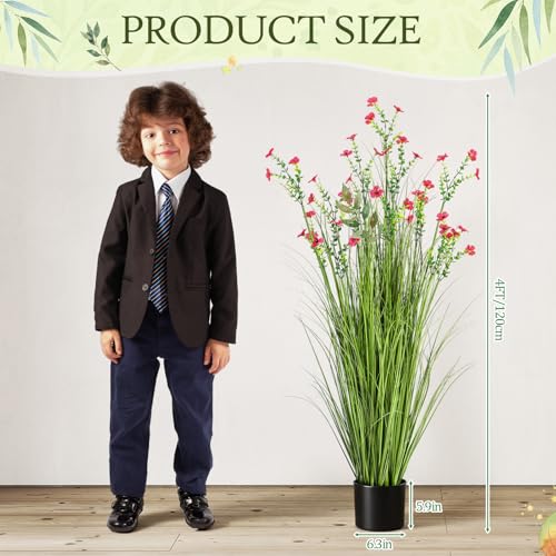 Jexine 2 Pack 4ft/47inch Artificial Grass Plant Outdoor Artificial Greenery Grass in Pot with Fake Fuchsia Flowers for Spring Room Office Indoor Outdoor Decor Housewarming Gifts - color: Red Fuchsia, size: 4ft