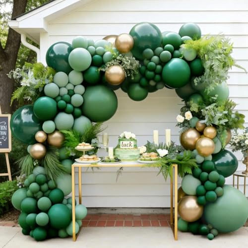 Green Gold Balloon Arch Double Stuffed Dark Sage Emerald Green Balloon Garland Kit Latex Metallic Balloons for Birthday Fathers Day Graduation Wedding Baby Shower Jungle Spring Party Decor - color: Green Gold