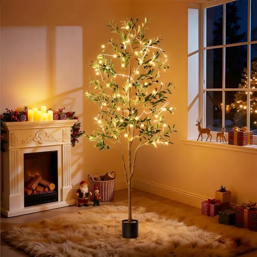 Olive Tree, 6FT Tall Faux Olive Tree with Lights Moss and Planter, Olive Trees Artificial Indoor with Realistic Wood Trunk and Lifelike Fruits, Fake Olive Tree for Home Office Living Room Decor