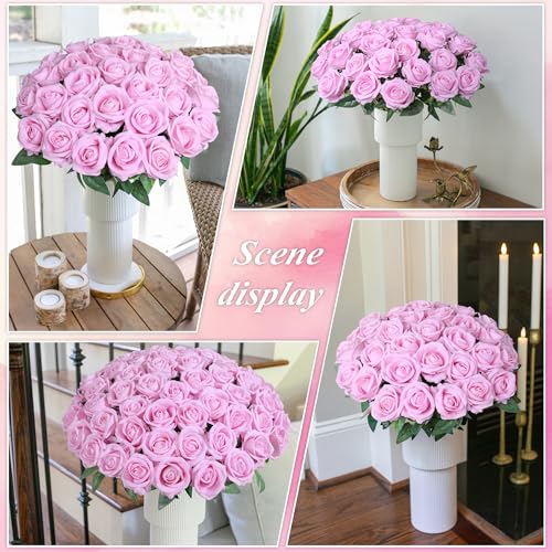 50 PCS Pink Roses Artificial Flowers, Fake Roses with Stem Realistic Silk Roses for DIY Wedding Bouquets Table Centerpieces Arrangements Baby Shower Birthday Home Decor Valentine's Day Gift for Her - color: Pink