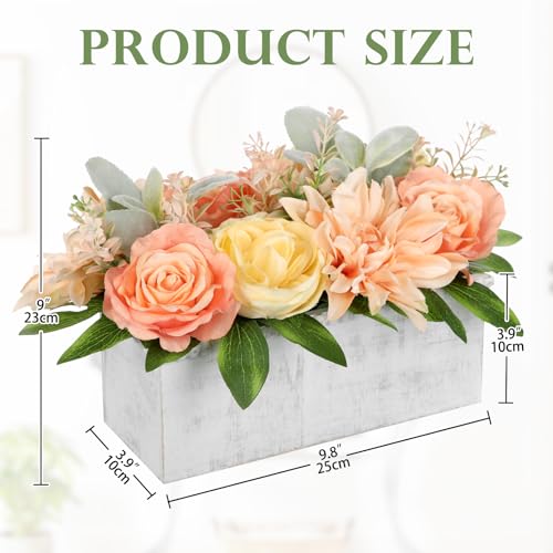 DILATATA Flower Arrangement with Wooden Vase 10" Artificial Flowers in Pot - Fake Flowers in White Rectangular Wooden Vase Potted Faux Flower Centerpieces for Table Decor Living Room - Orange - color: 10"l Orange