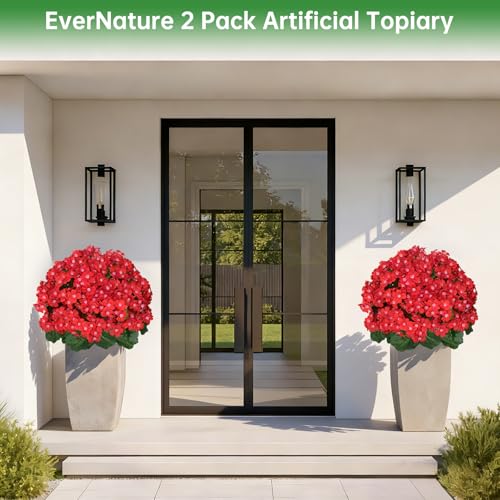 2Pcs Artificial Ball Topiary Trees, Red Fake Shrubs Bushes with Ground Spike, Faux Evergreen for Porch Plants, UV Resistant Artificial Flowers for Outdoors Indoor Front Garden - color: Red Crabapple Blossoms