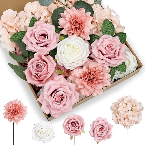 Artificial Flowers Combo Set, Fake Silk Flowers Decor with Stems for DIY Roses Wedding Party Centerpieces Bridal Bouquets Cake Decorations Arrangements Indoor Outdoor(Dusty Pink) - color: Dusty Pink