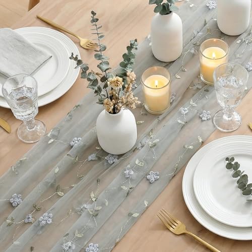 Artoid Mode 3D Flower Dusty Blue Gauze Embroidery Table Runner 120 Inch 10FT, Tulle Seasonal Spring Kitchen Dining Holiday Table Decor for Home Party - color: Dusty Blue