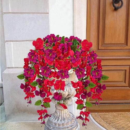 Artificial Fake Hanging Flowers Plants for Outdoor, Faux Silk Hibiscus Long Trailing Vines Realistic UV Resistant for Home Outside Front Porch Planter Patio Yard Decor (Red+Purple Red) - color: Red+purple Red