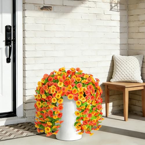 INXUGAO Artificial Fake Hanging Flowers Plants for Outdoor Decoration, 2PCS Faux Silk Morning Glory Long Vines Stems UV Resistant Look Real for Spring Summer Outside Home Porch Patio, Orange Yellow - color: Orange