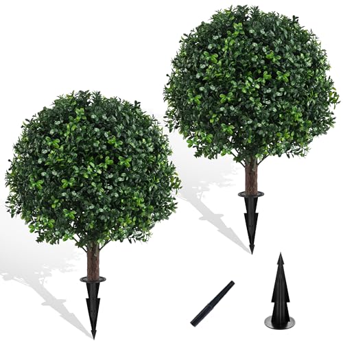 2PCS Faux Boxwood Plants Outdoor Artificial Topiary Ball Trees | Fake Bush & Shrub Greenery / UV Resistant / No Fade / Sturdy Build / No Maintenance / with Spike / Front Porch Decor - color: Boxwood
