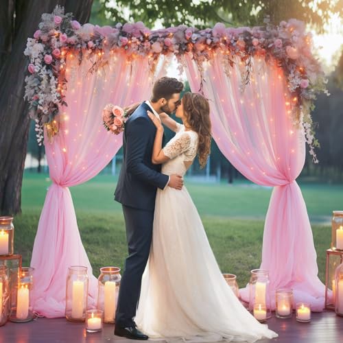 10ft x 8ft Pink Backdrop Curtain with Lights String for Parties, Sheer Tulle Wedding Photo Backdrops Drapes for Baby Shower Birthday Party Decorations Background for Photography - color: Pink, size: W5' x H8'(2 panels)