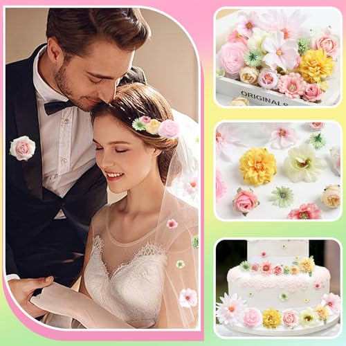 Fake Flowers Heads Bulk Pink Green Mini Artificial Silk Flower for Crafts, Small Artificial Daisy Roses Faux Flowers for Graduation Cap DIY Cake Wedding Party Home Garland Decoration - color: Pink Green