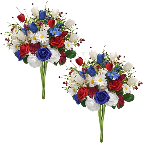 8PCS Patriotic Artificial Flowers Mixed Bush Red White Blue Rose Tulip Flowers Memorial Day Flower Bouquet for 4th of July Independence Day Grave Home Table Decoration