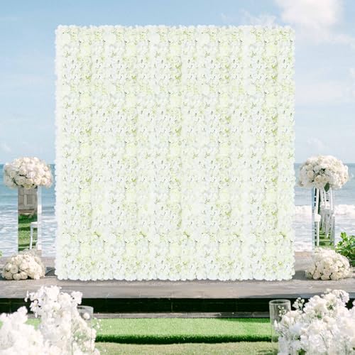 FOTSHARER Flower Wall Backdrop White Artificial Flower Wall Panel 15" x 15" Flower Panels for Backdrop 3D Floral Rose Wall Flower Photo Background Wedding Floral Back drop Wall for Wedding Party Event - color: White