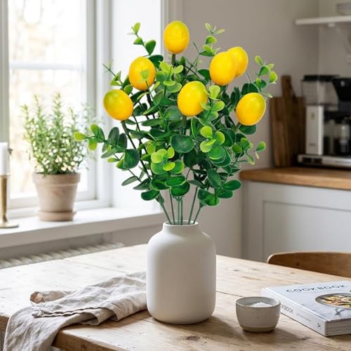 6Pcs Artificial Lemons, Faux Branches, Artificial Lemon Branches, Perfect for Home, Kitchen Table, Wedding Arrangements, Outdoor Courtyard and Office Desk Decoration