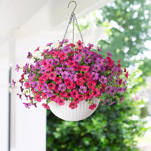 HyeFlora Artificial Fake Hanging Flowers Plants Basket for Outdoor Outside Decoration, Faux Silk UV Resistant Realistic Colorful Daisy in Planter for Porch Patio Garden Yard Home - color: Purplehotpink