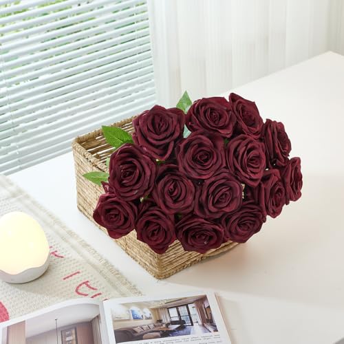 100pcs Burgundy Roses Artificial Flowers, Wine Red Artificial Flowers Bulk Realistic Silk Faux Roses with Stems for Wedding Table Centerpieces Bridal Bouquet DIY Floral Arrangement Event Party - color: Burgundy