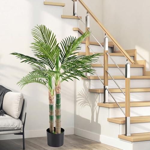 NEWBULIG 47in Artificial Palm Tree, Double Stalk Golden Cane Palm with Lush Realistic Leaves, Large Faux Plant for Living Room, Maintenance Free Home Decor