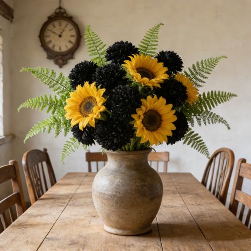 Kimura's Cabin 20Pcs Black Chrysanthemums Artificial Flowers Silk Fake Mums with Stem Ball Flower for Gothic Home Decor Halloween Arrangement Table Centerpiece - color: Black
