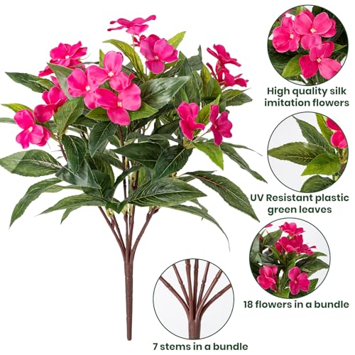 Nigirior Artificial Fake Flowers for Outdoor Décor 6 Bundles UV Resistant Fake Plants for Planter Faux Impatiens for Home Porch/Garden Stunning（Red/Rose Red/Purple） - color: Red/Rose Red/Purple