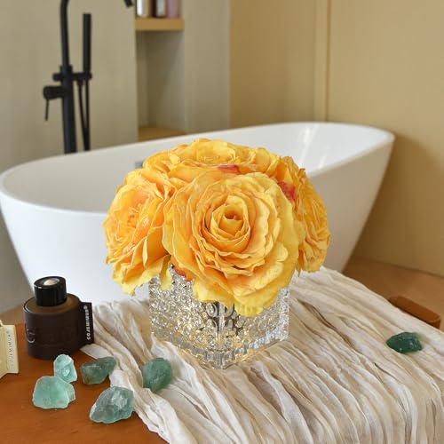 Artificial Rose in Glass Vase Vintage Silk Flower Arrangement with LED Light for Table Centerpiece Home Wedding Decoration (Golden Yellow) - color: Golden Yellow