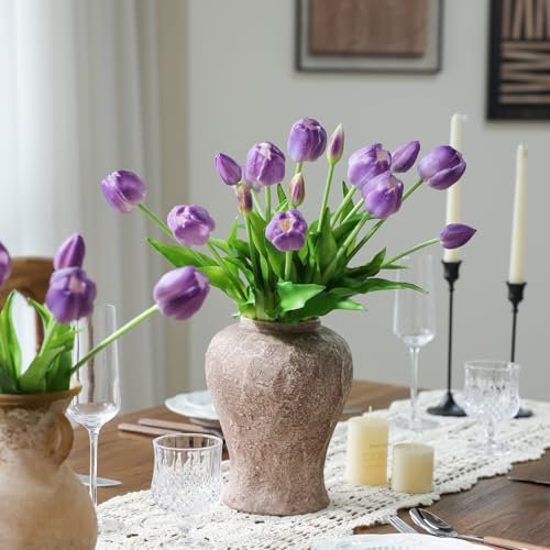 mizii 15Pcs Purple Tulips Artificial Flowers Latex Plastic Real Touch Fake Tulips Flowers Look Real Faux Tulip Flower Bouquet Decoration for Vase Room Table Centerpieces Home Decor (Purple) - color: Purple