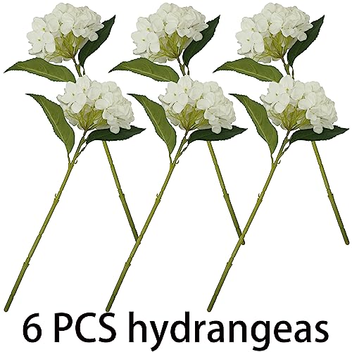 White Hydrangea Artificial Flowers,6 Pcs Faux Artificial Hydrangeas Flowers with Stems,Fake Silk Hydrangeas Flowers with Stems for Home Decor (6, White) - color: White
